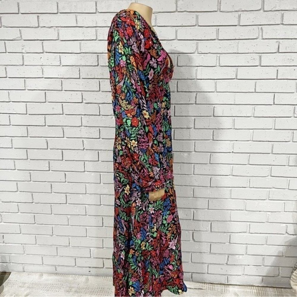 Farm Rio Black Mixed Prints Floral Birds Midi Dress V-Neck Balloon Sleeve Size L - Picture 7 of 16